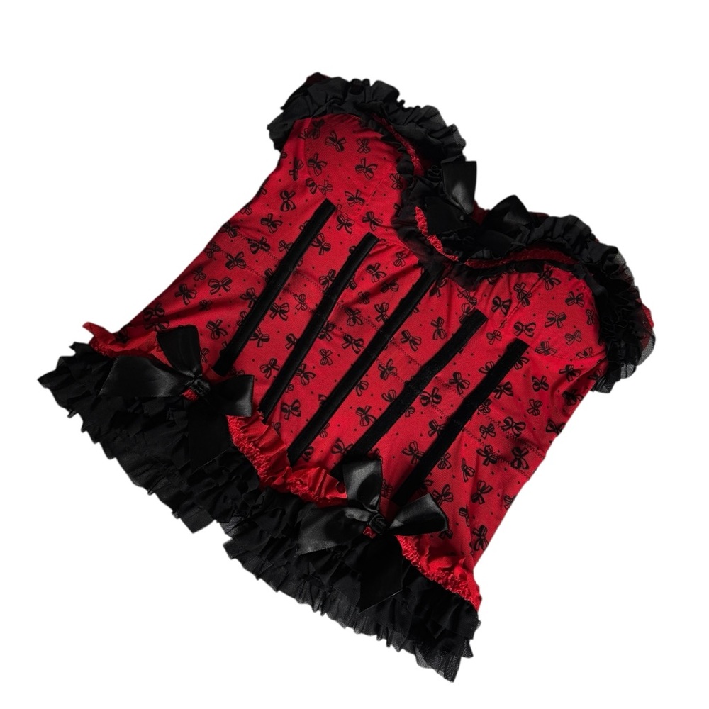Coquette Red Black Bow Print Corset Top Ruffle Trim Womens‎ XL Whimsygoth